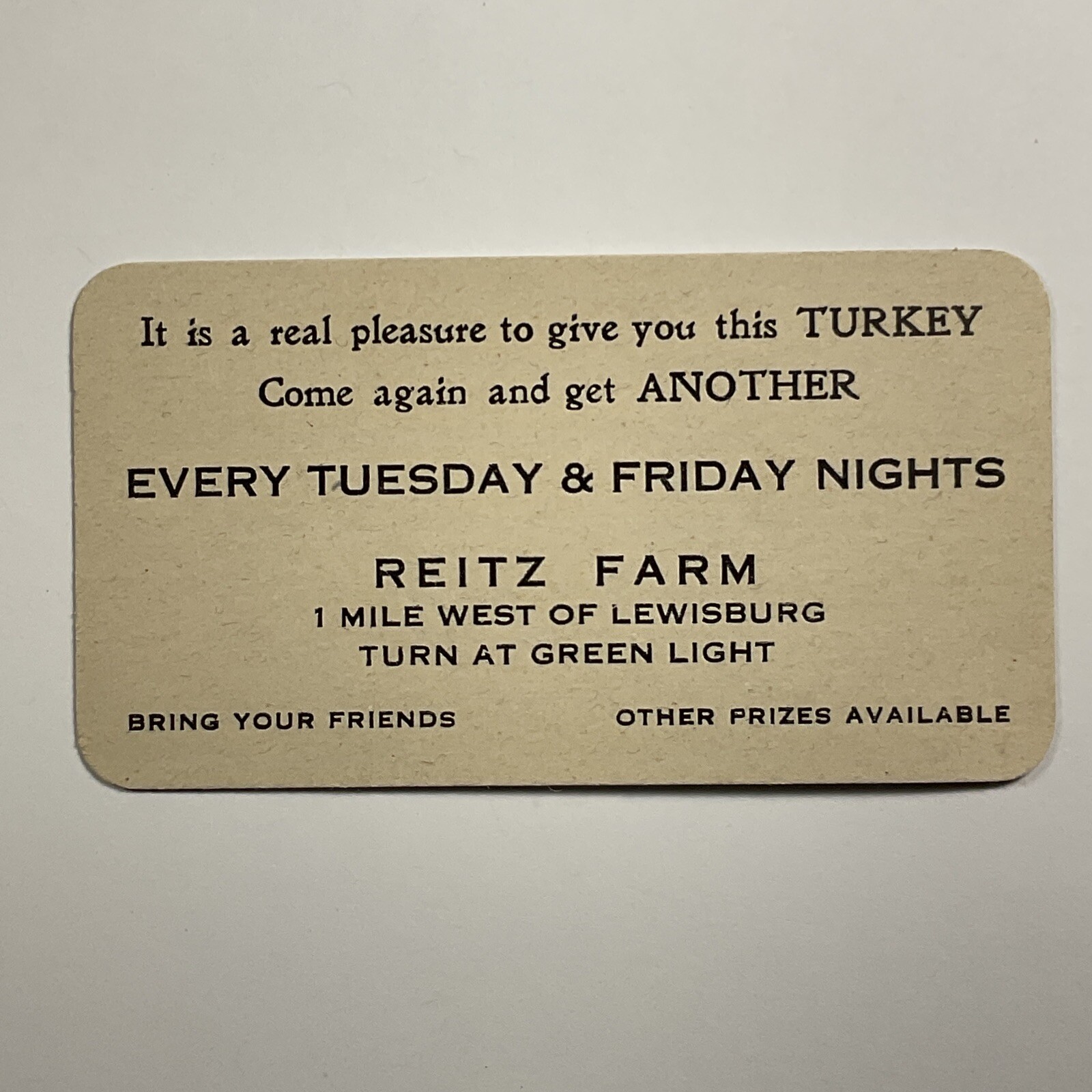 Early 1900s Lewisburg Pennsylvania Reitz Farm Business Gift Card for Free Turkey