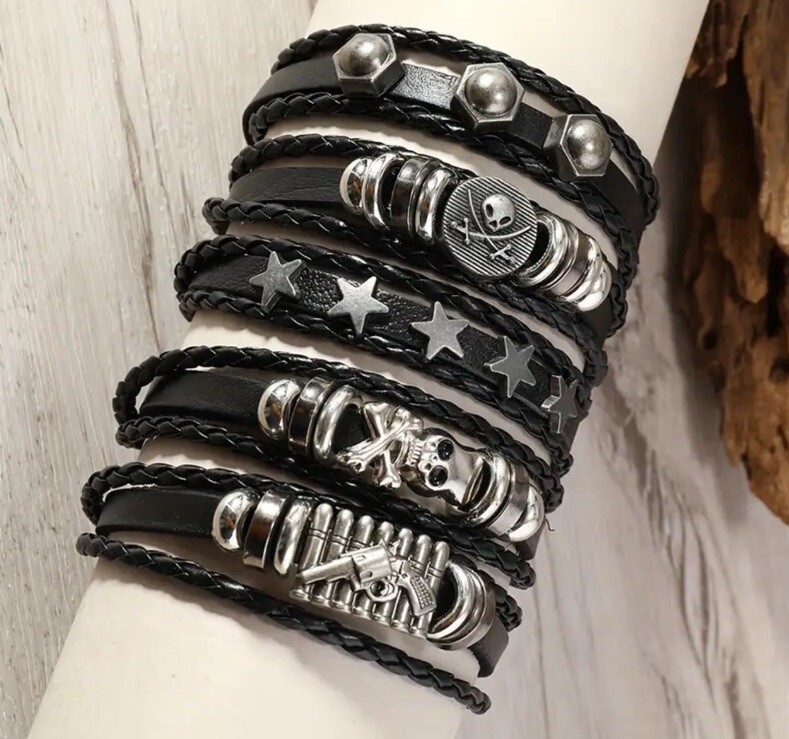 5 PC Leather Punk Bracelet Stackable Adjustable Tie New Free Ship B2660