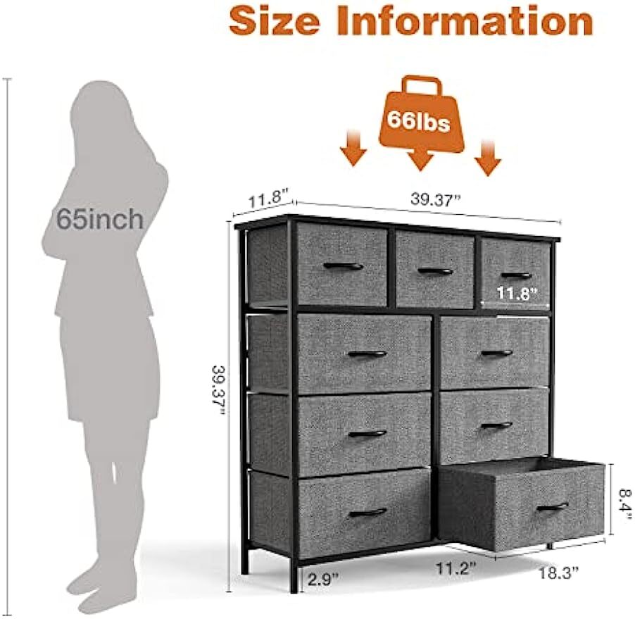 9 Storage Drawer Dresser for Bedroom Tall Wood Dresser with Fabric Storage Tower
