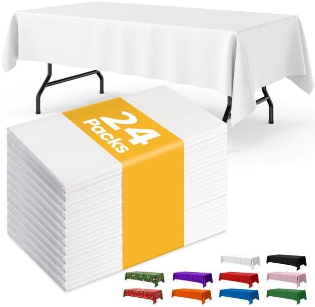 White Plastic Table Cloth 24 Pack 54" × 108" Rectangle Disposable Tablecloths