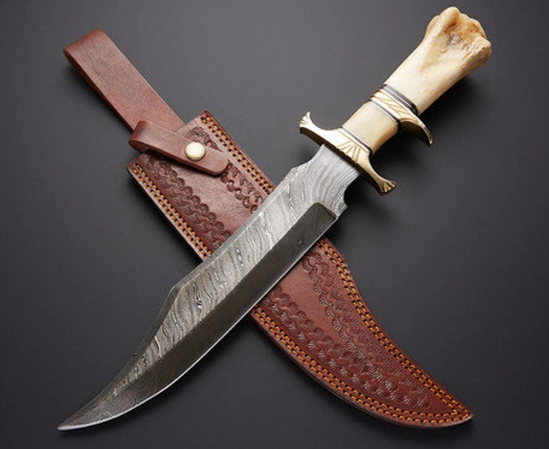 Handmade Damascus Bowie Knife Sharp Blade Camel Bone Handle With Leather Sheath