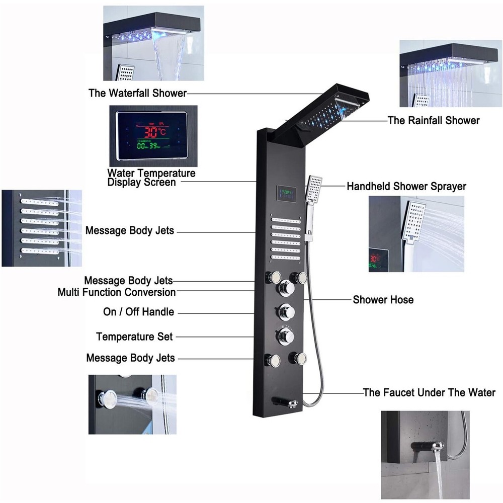 Black LED Shower Panel Tower System Rainfall Waterfall Shower Head w/ Body Jets