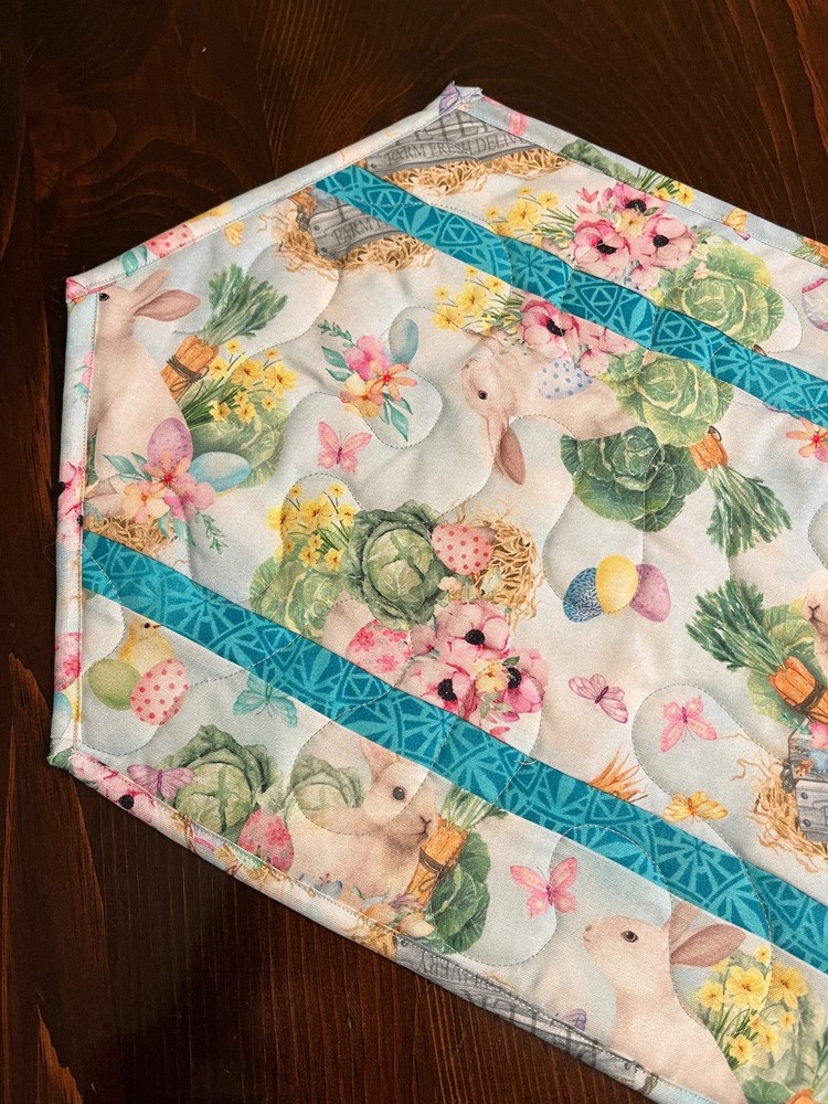 Handcrafted-Quilted Table Runner -Happy Easter - Easter Eggs, Bunnies - Gardens