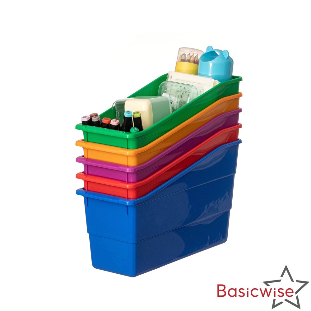 New Basicwise 6-pc Assorted Color Plastic Storage Bins Versatile Book Magazine