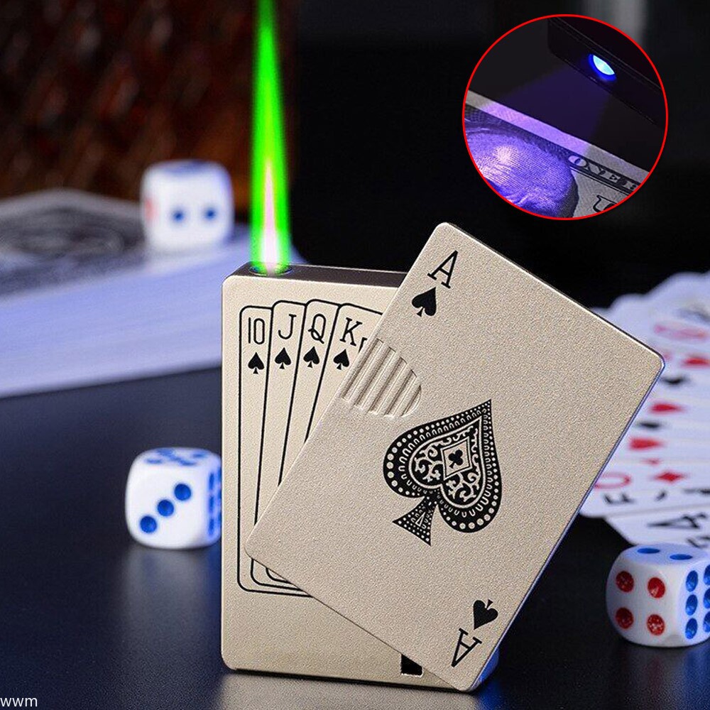 Refillable Green Flame Butane Poker Card Shape Deck Cigarette Lighter Jet Torch