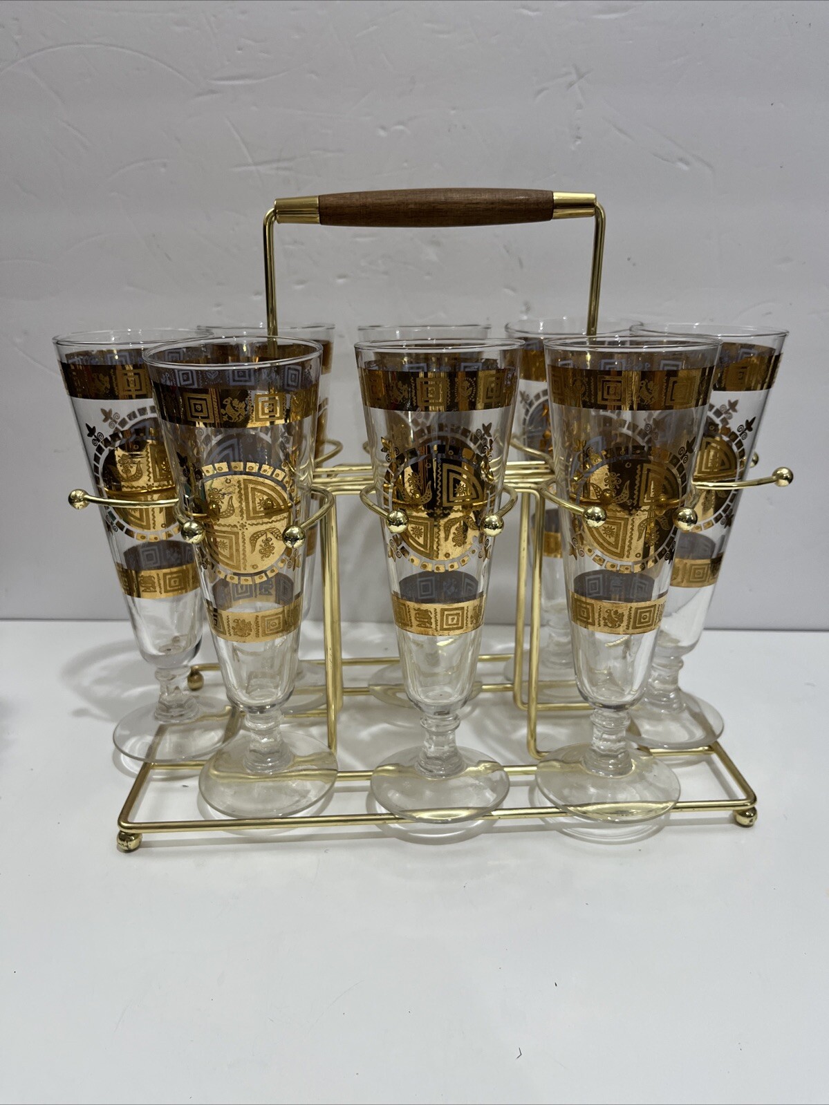Vintage 1960s MCM Culver Coronet Barware 8 Pilsner Drinking Glasses W/ Caddy Set