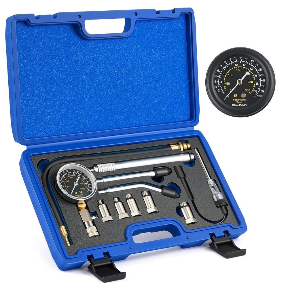 11-Piece Engine Compression Tester Kit with Spark Plug Gauge - Professional Use