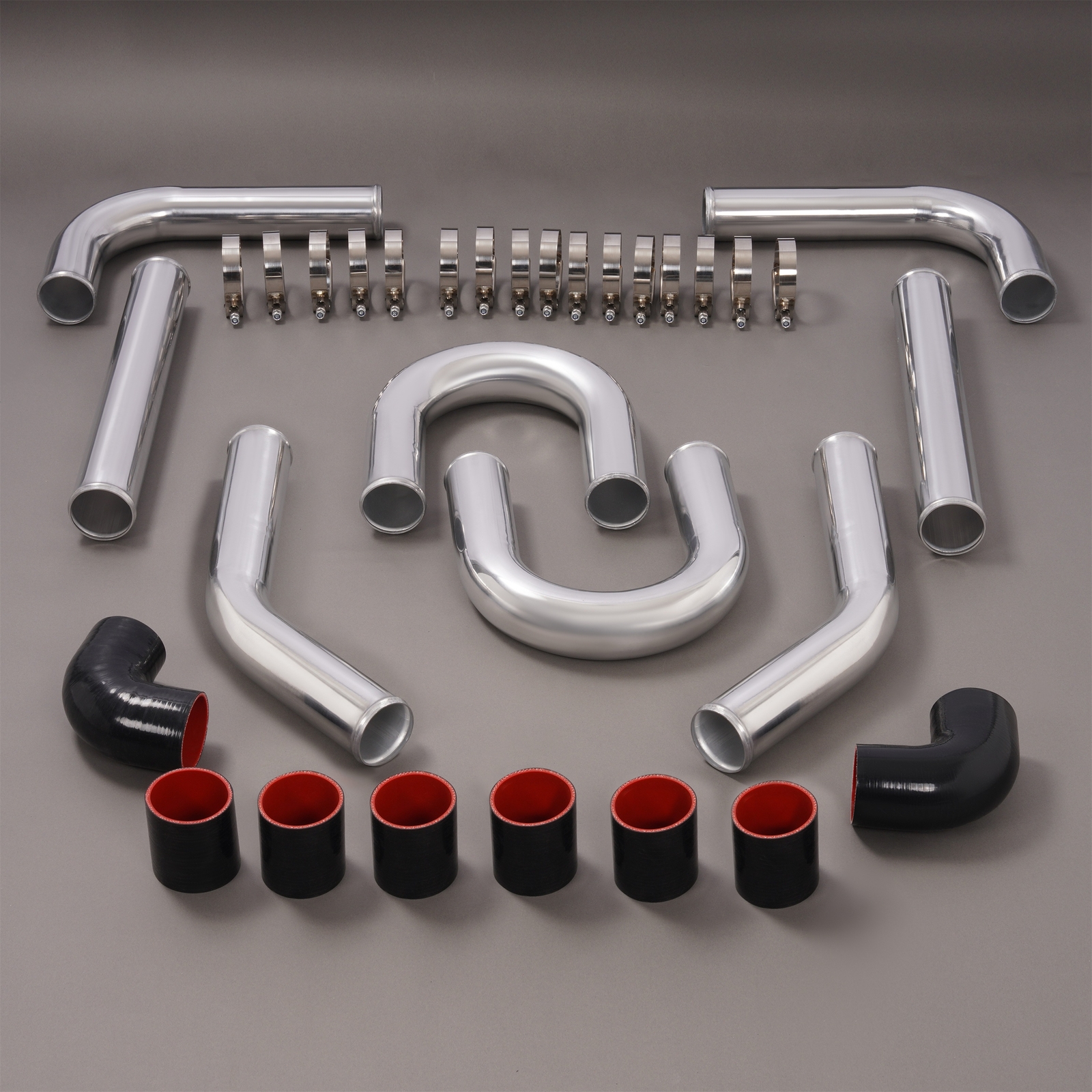 2.5 Inch 64mm Aluminum Universal Intercooler Turbo Piping Pipe Kit+Blk Red Hose