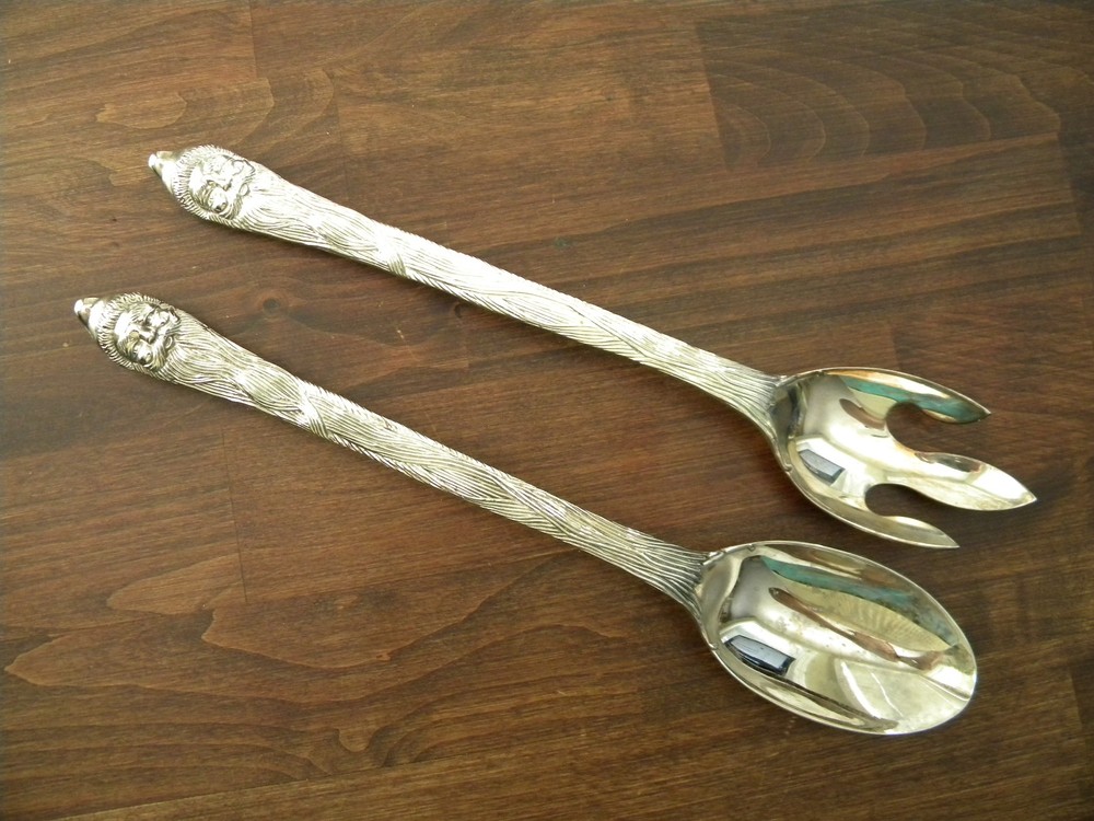 Vintage Christmas Santa Heavy Large Fork and Spoon Silverplate Set