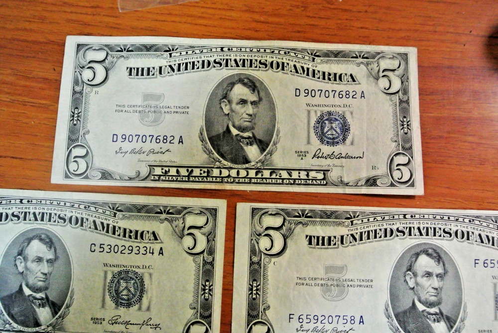 FIVE 1953 $5 US Silver Certificate Higher Grade Uncertified
