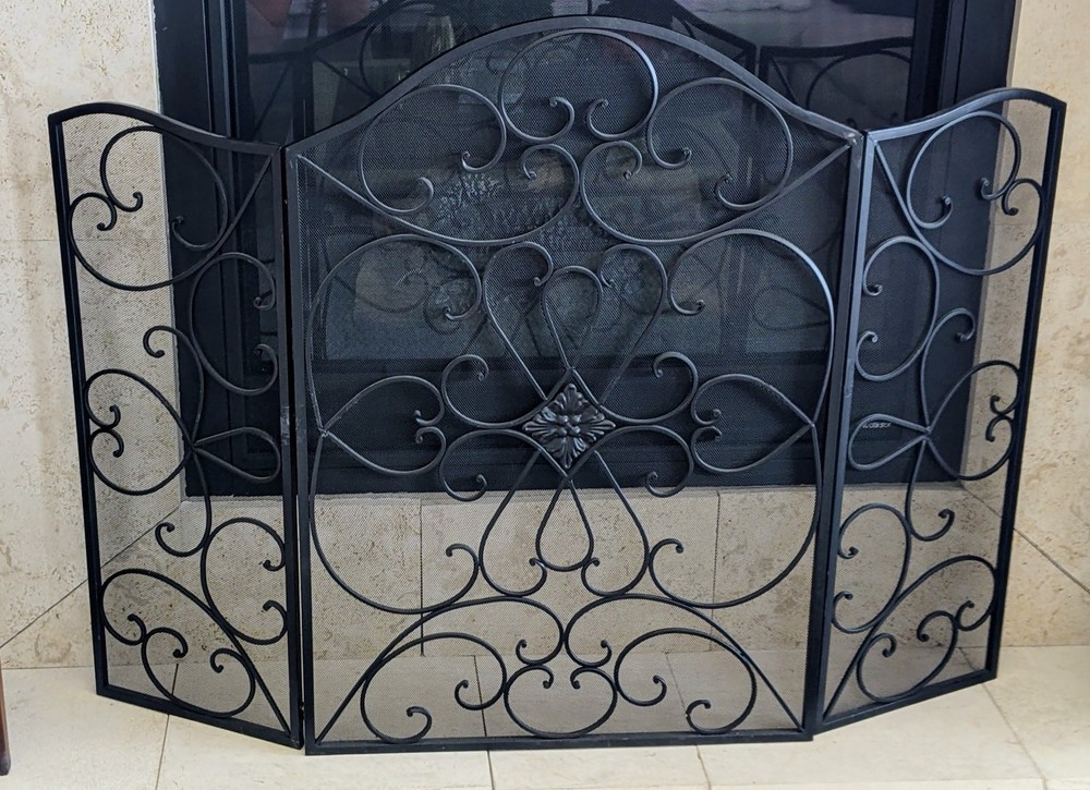 49" X 36" Black Metal Foldable 3 Panel Scroll Fireplace Screen with Mesh Netting
