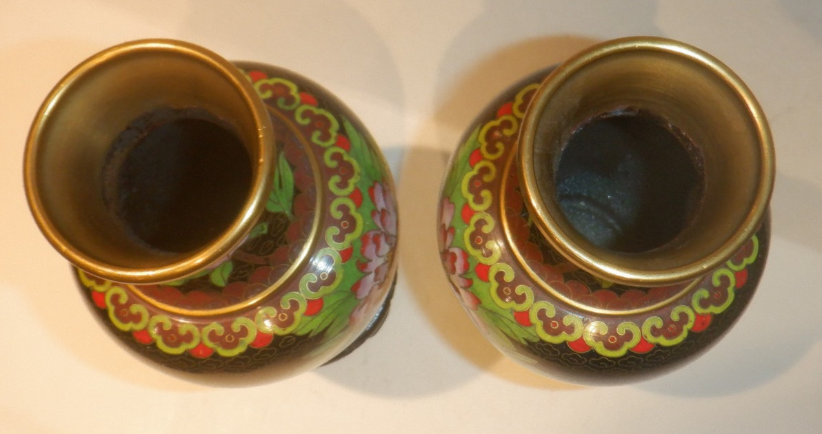 Pair of Vintage Cloisonne' Brass & Enamel Chinese Floral Vases w/Wood Stands