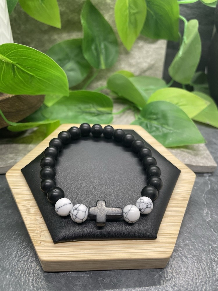 Handmade Stone Bead Stackable 7” Plus Stretch Bracelet Cross New Free Ship B8341
