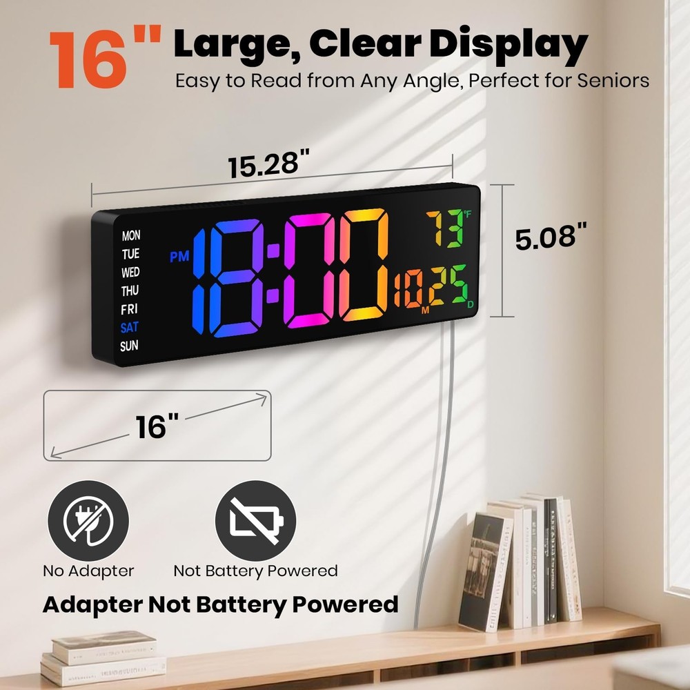 16 Inch Large Digital Wall Clock, Large LED Display Digital Wall Clock with T...