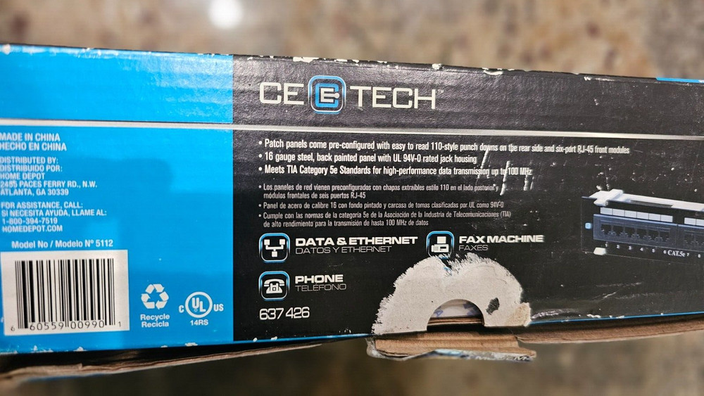 CE Tech 637426 Cat 5e Mini 12 Port Patch Panel with 89D Mounting Bracket