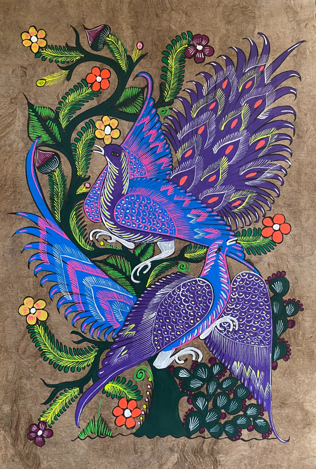 15 1/2 X 23" Mexican Folk Art Amate Bark Painting Aztec Love Bird Peacock Flower
