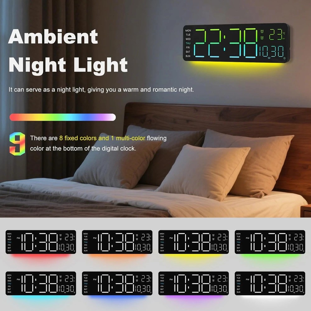 Large LED Digital Wall Clock with RGB Remote, Alarm, Temp, and Timer