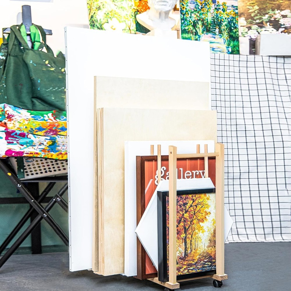 Large Art Drying Rack with Four Caster Wheels and Handle - Solid Wooden Canva...