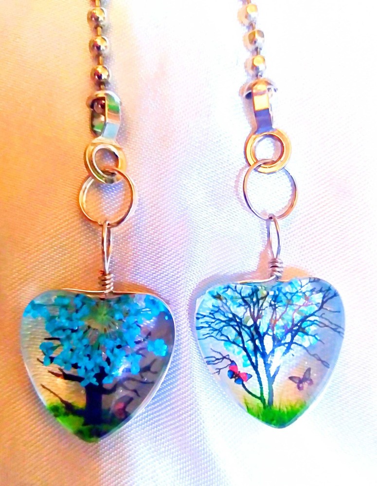Set of Two ~ BLUE TREE HEART Acrylic ~ Ceiling Fan Pulls