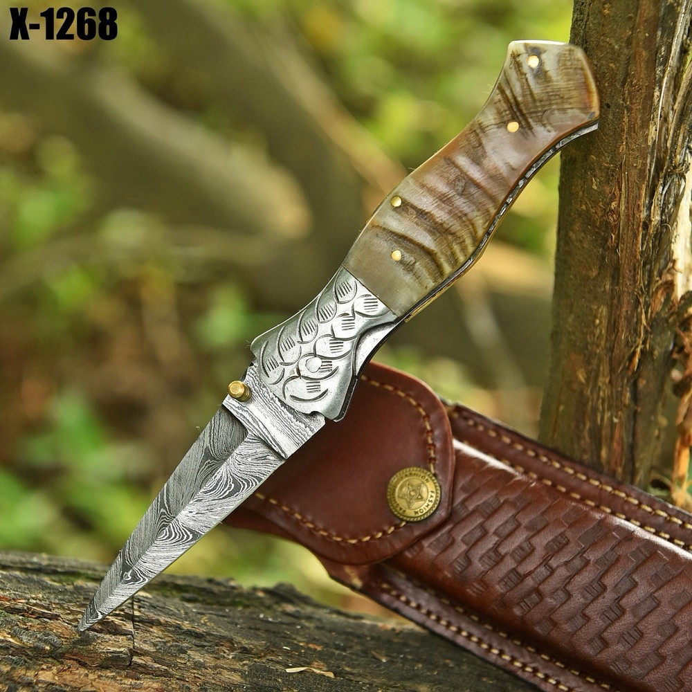 Damascus Folding Dagger Blade Pocket Knife Tactical-Double Edge