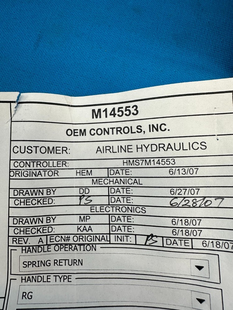 OEM Controls Airline Hydraulics Single-Axis Joystick Controller M14553