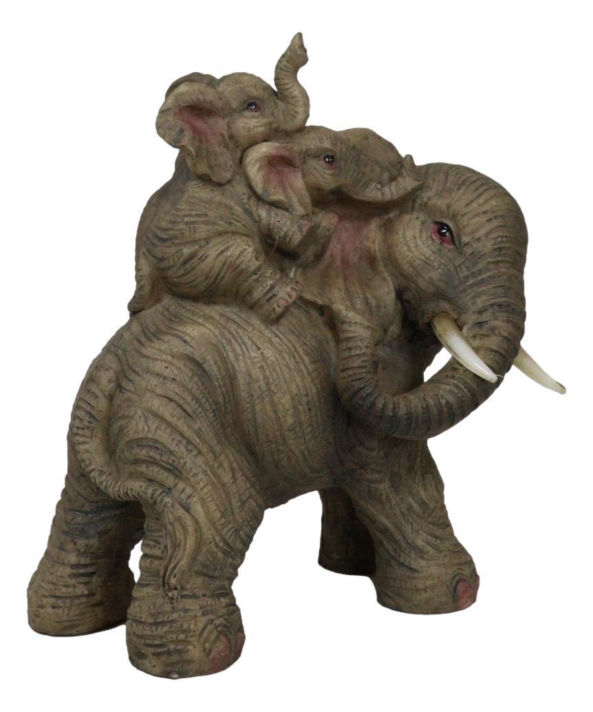 Small Wildlife Elephant Father And 2 Calves On Piggyback Playing Statue 5.25"H