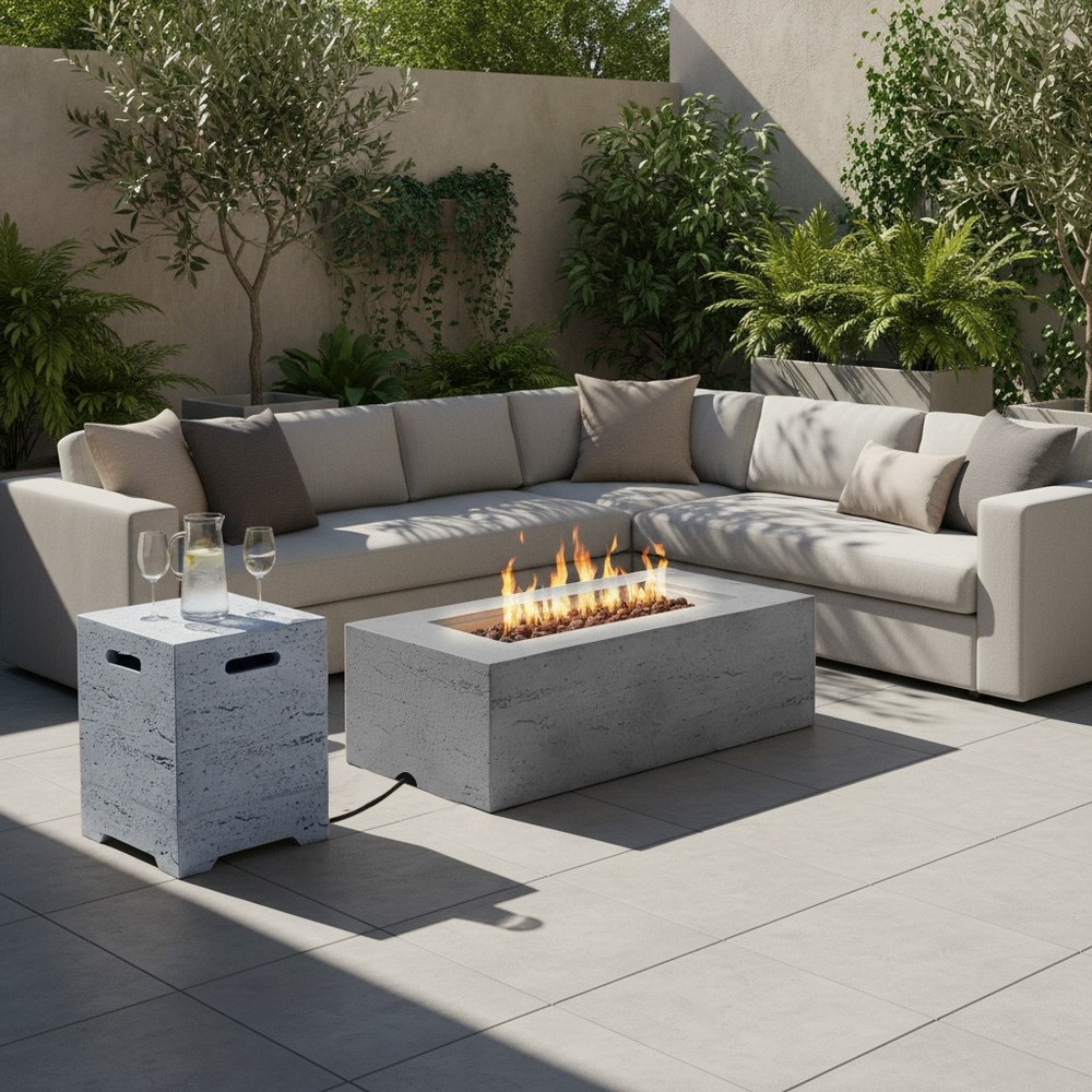 41.9'' Rectangular Outdoor Fire Pit & Propane Tank Stand Set