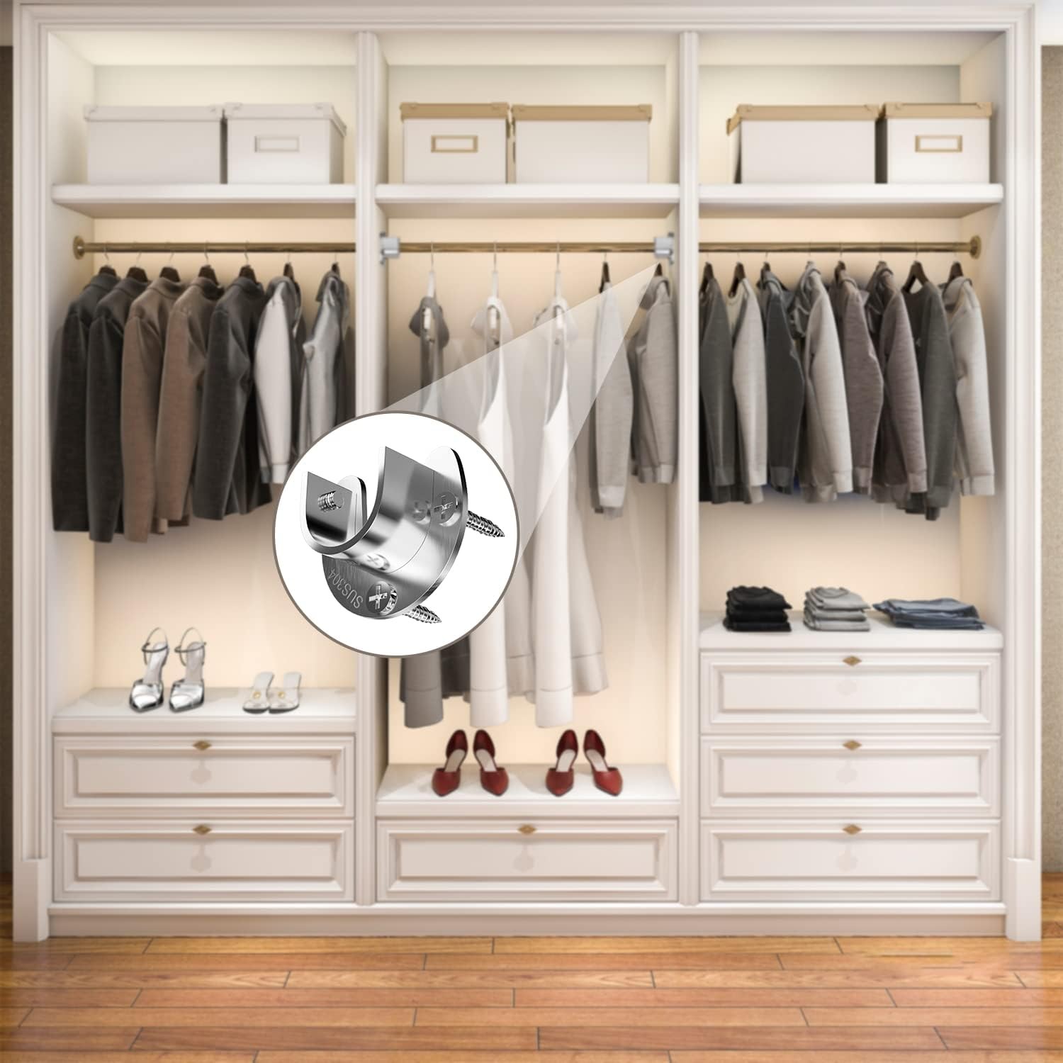 6-Pack Stainless Steel Closet Rod Brackets, U-Shaped Heavy Duty Flange Socket...