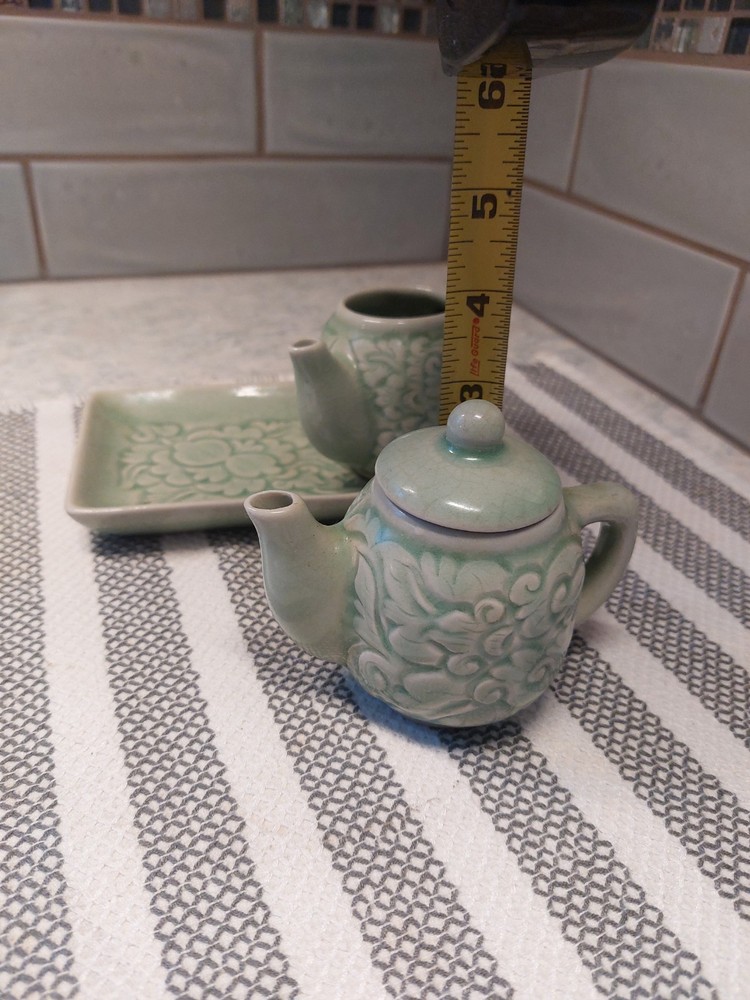 Celadon Green 3 Piece Ceramic Condiment Set *Missing One Lid*