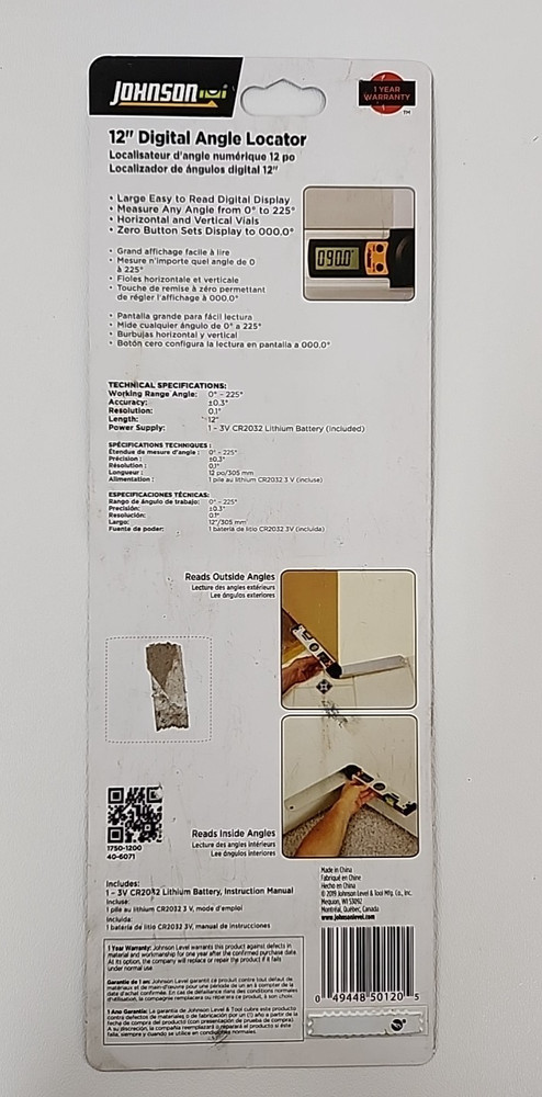 Johnson Level & Tool Model 1750-1200 Digital Angle Locator Digital Display, Used