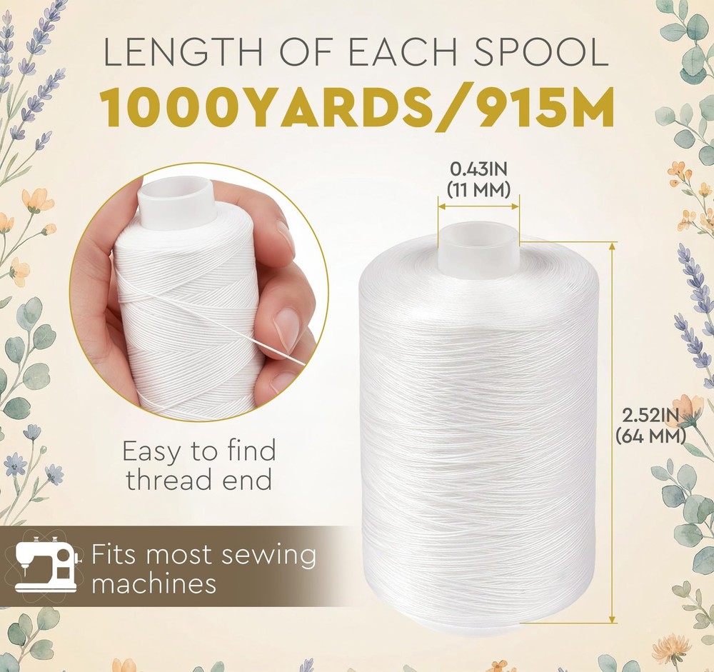 Thread for Sewing 12 Spools 1000 Yards Each, Polyester All Purpose Thread Whi...