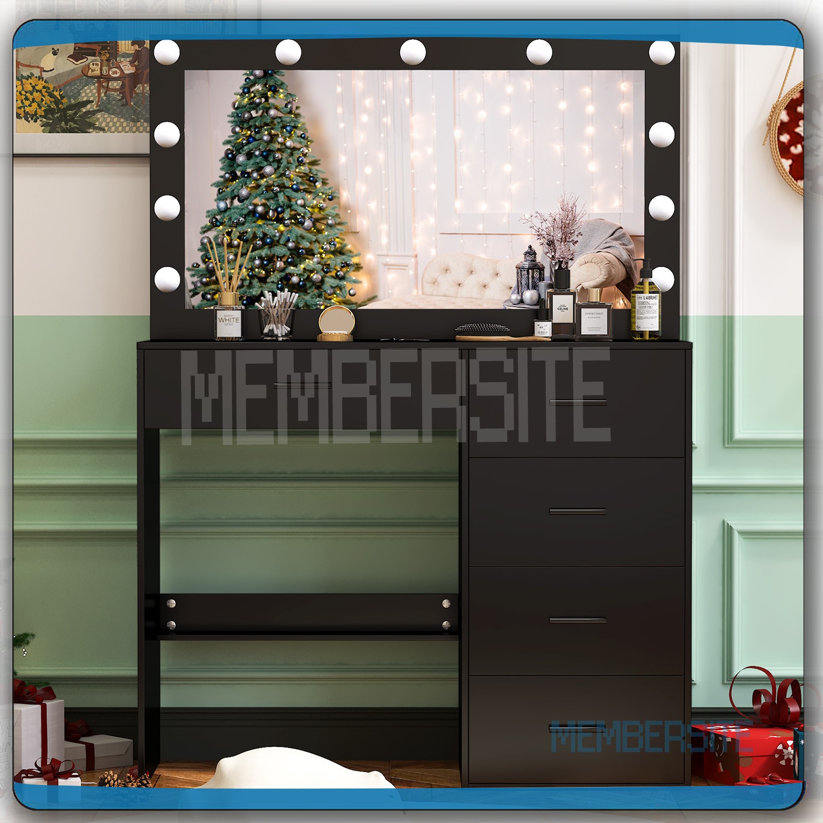 Black Vanity Desk With Large Lighted Mirror 5 Drawers Makeup Dressing Desk Set