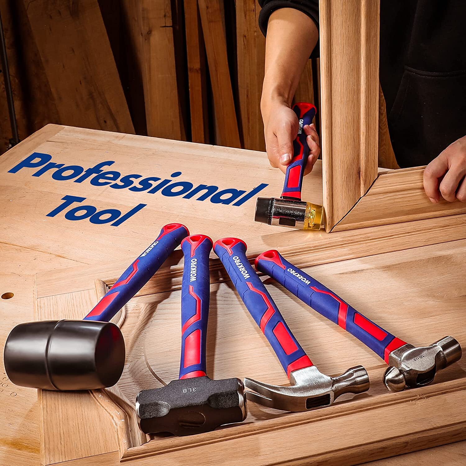 WORKPRO 5-Piece Hammer Set, Forged & Polished Steel Head, Fiberglass Handle NEW