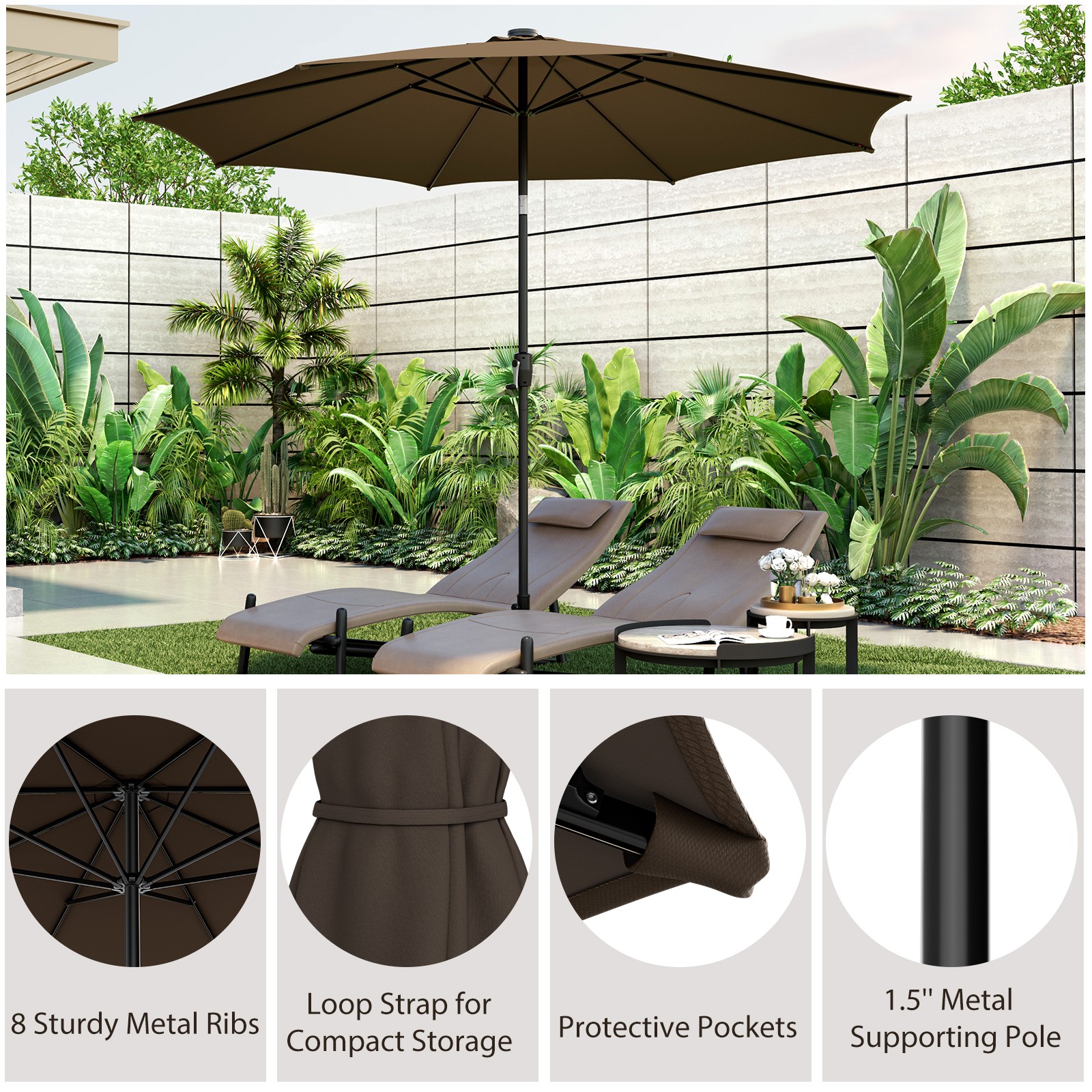 10 FT 112 LED Solar-Lighted Patio Market Umbrella Crank Tilt Outdoor Coffee