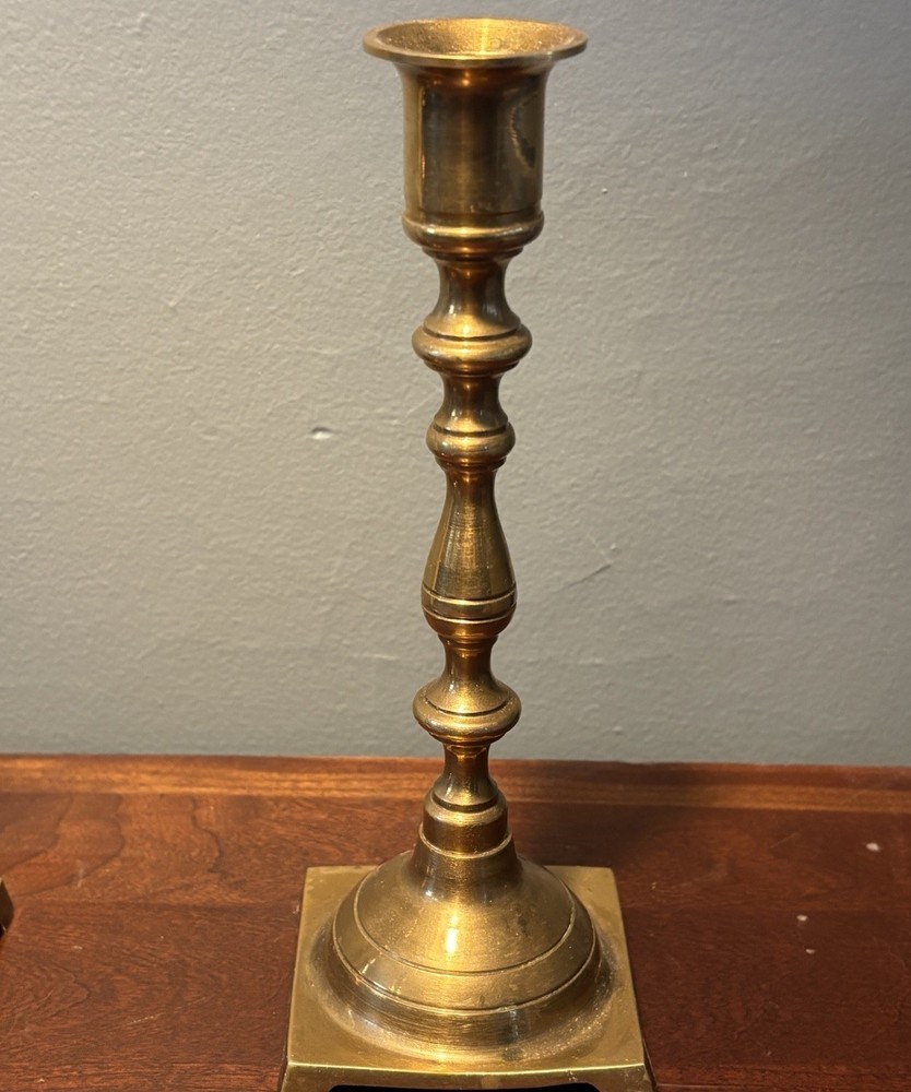 Vintage Pair 8" Solid Brass Candlesticks Square Base Made in Hong Kong