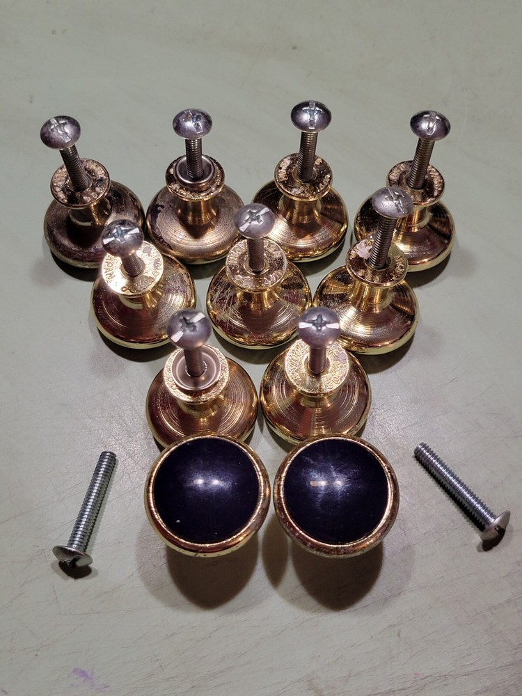 11 Vintage Brass & Dark Blue or Black Enamel Cabinet Knobs Draw Pulls w/Screws