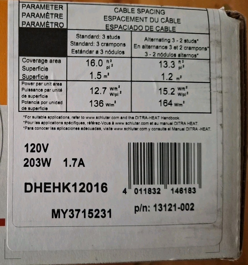 Schluter Ditra Heat Floor Heating Cable DHEHK12016 120V 52.9 ft (16 sq ft)