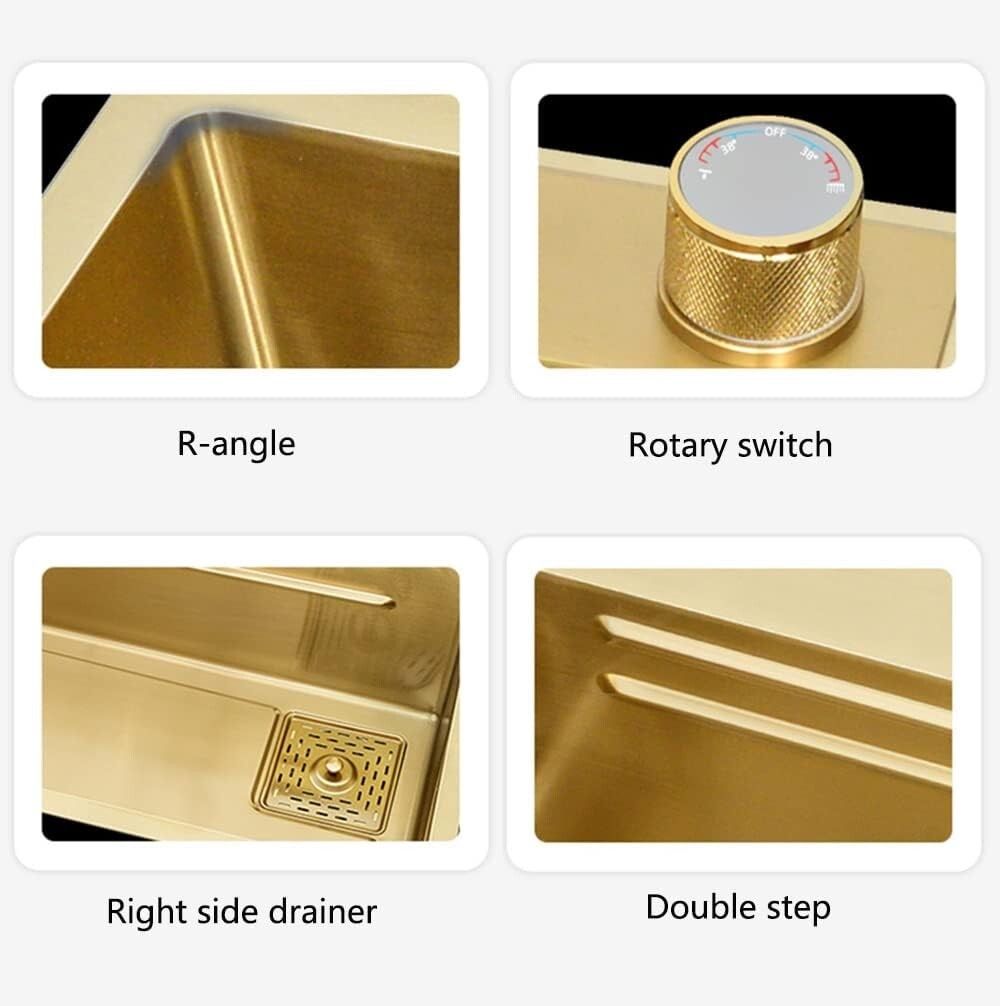 33x22 IN Gold Flying Rain Stainles Steel Watefall Kitchen Sink w PullDown Faucet