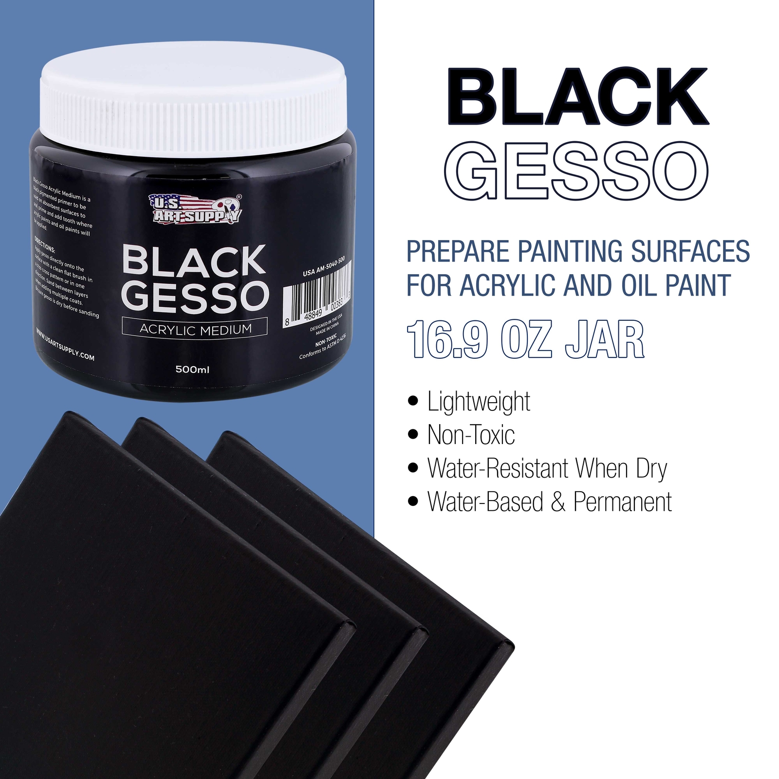 U.S. Art Supply Black Gesso Acrylic Medium, 500ml Tub