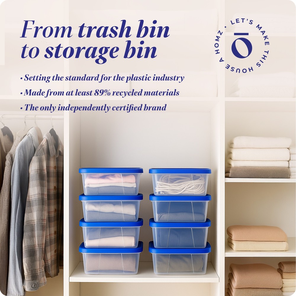 Homz 12 Qt Stackable Plastic Storage Container w/ Snaplock Lid, Blue (8 Pack)