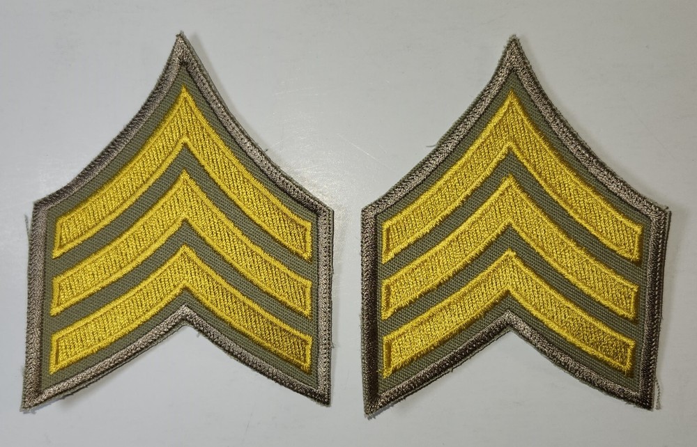 (2) Sergeant Chevron Patch - 3 Yellow Stripes on Khaki Twill & Border