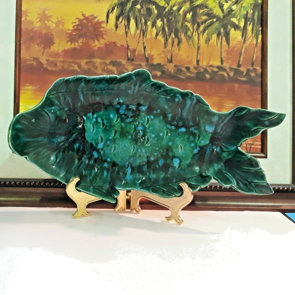 Large Hand Crafted Fish Shaped Teal Green Glazed Ceramic Serving Tray