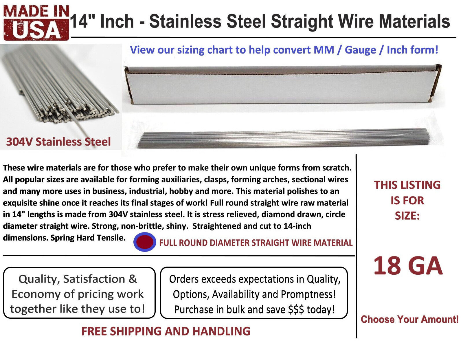 100 Dental Lab 18 Gauge Full Round Clasp Wire 14" Straight 304V Stainless Steel