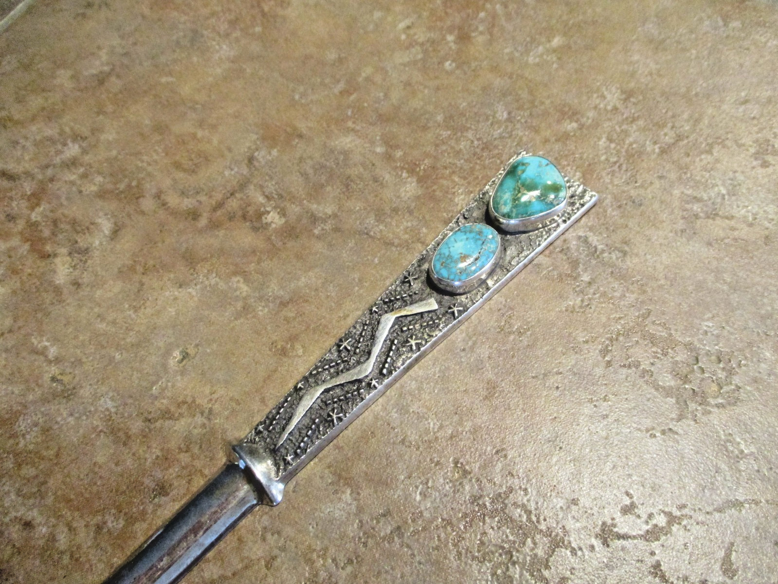 7" TOP SHELF !!! Vintage Navajo Sterling Turquoise Sandcast LETTER OPENER