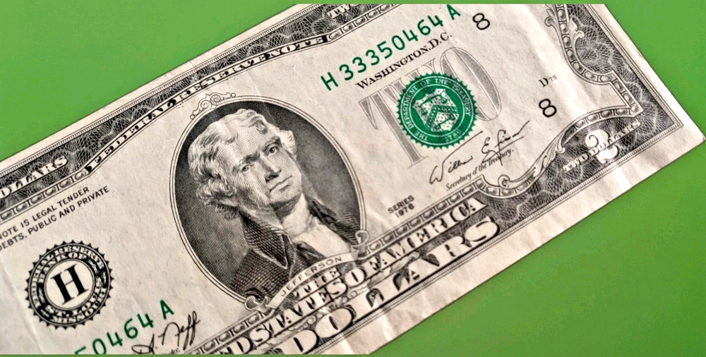 1976 Bicentennial Miscut/Misaligned Error $2 Bill, Lightly Circulated, Nice