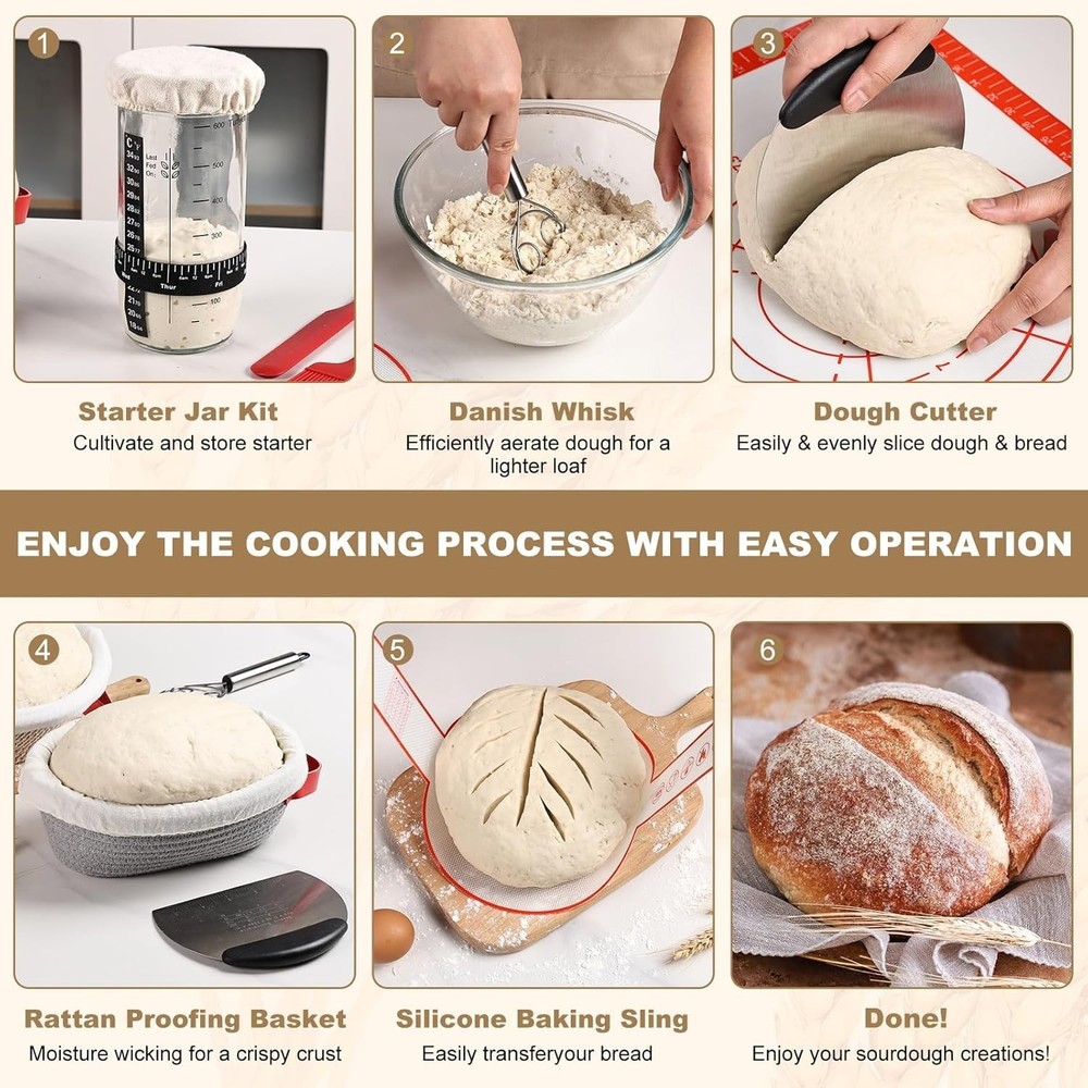 Rustic 14pcs Sourdough Starter Kit: Round & Oval Baskets with Baking Essentials