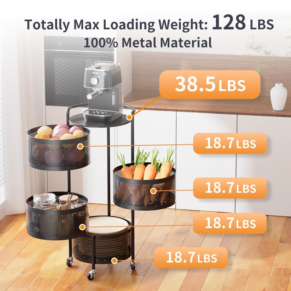 No Assembly Integrated Vegetable Storage Rack, 4-Tier Rotating Fruit Basket w...