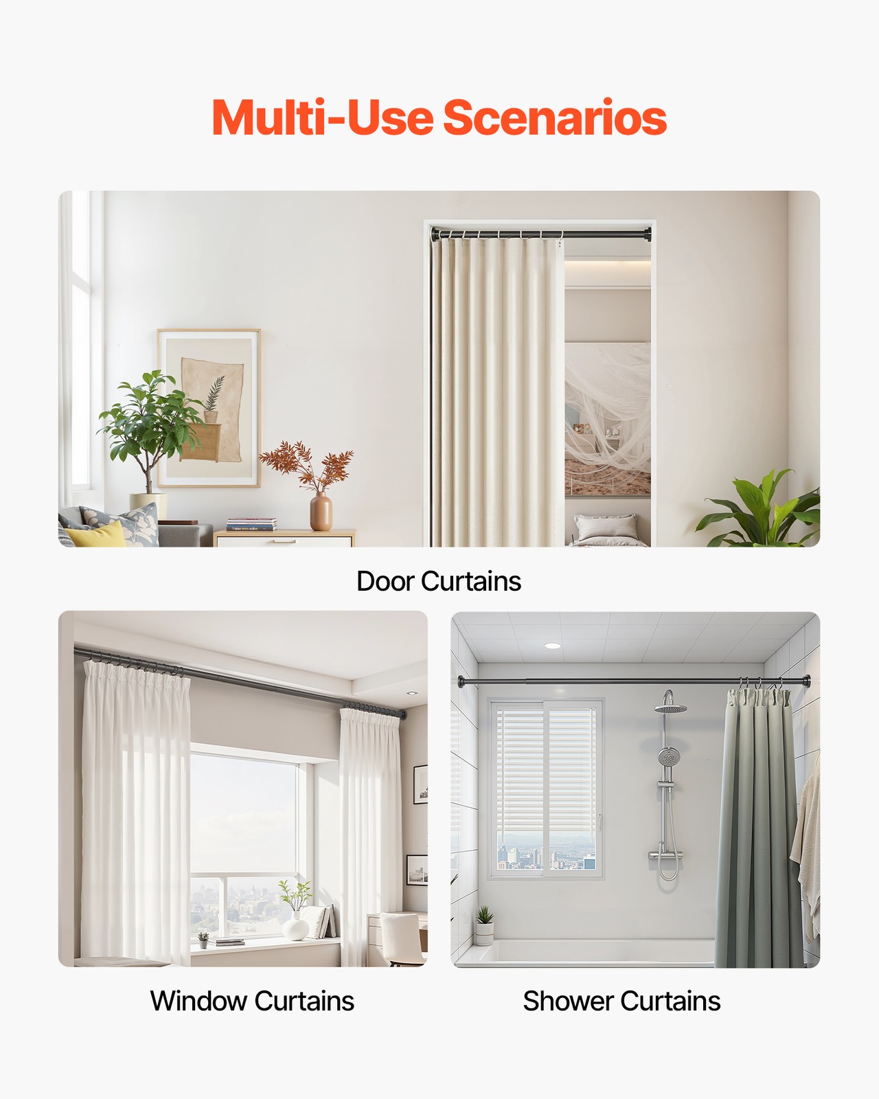 VEVOR Shower Curtain Rod Adjustable Tension Rod 28-76 in Stainless Steel Black