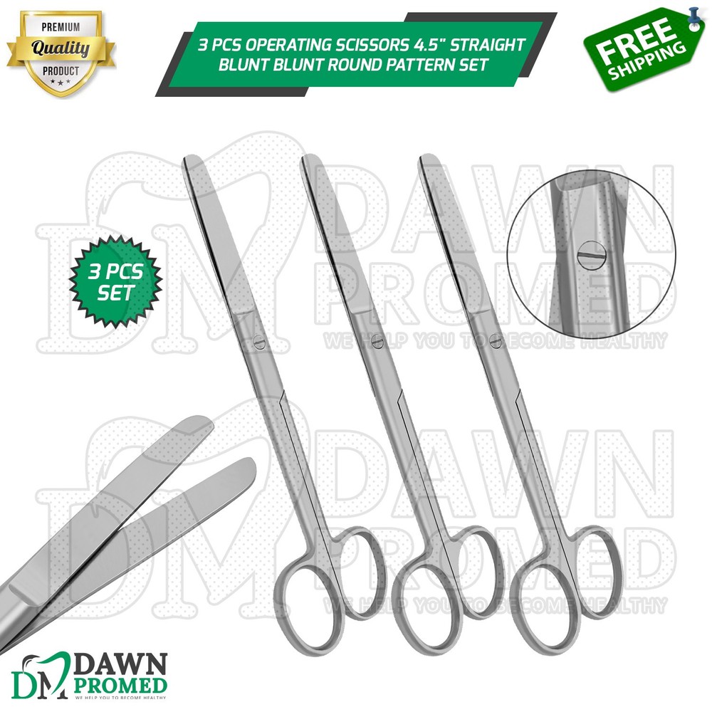 3 Pcs Operating Scissors 4.5" Straight Blunt Blunt Round Pattern Surgical Set