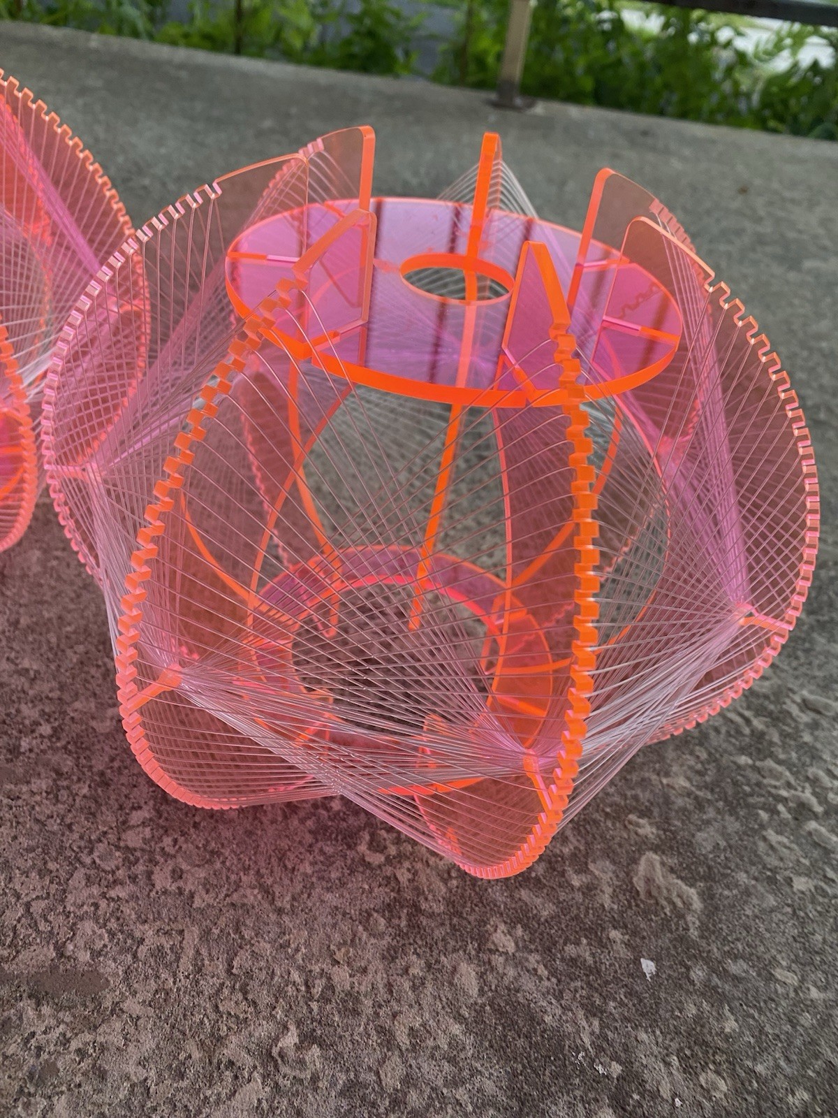 2 x Paul Secon Lucite Perspex & Nylon Thread String Ceiling Lampshade Ball Form